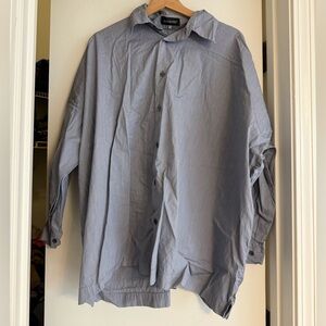 Eskandar Size(1) BLUE WHITE STRIPE Cotton 30" Long Classic Collar Shirt